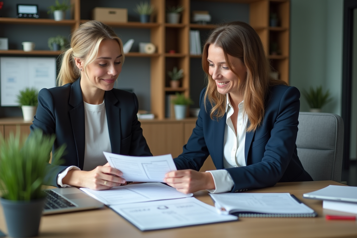 Conseiller immobilier expliquant une checklist à une cliente dans un bureau moderne