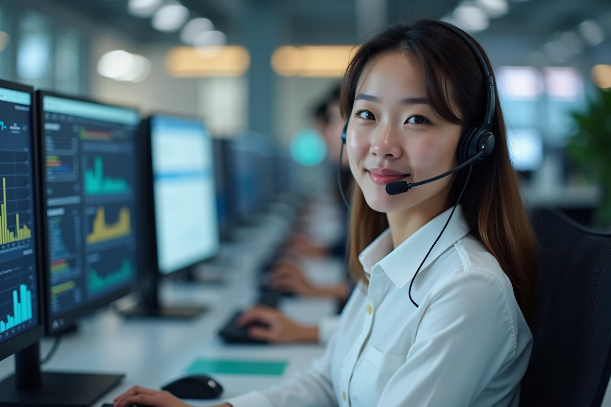 Conseillère du service client Cetelem avec casque téléphonique dans un centre d'appels