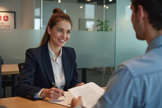 Conseillère Société Générale accueillant un nouvel arrivant en agence pour présenter les avantages du compte client
