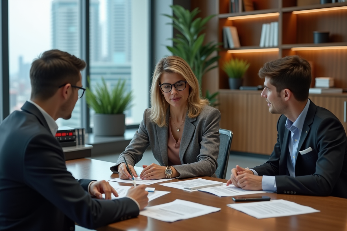 Conseillère immobilière expliquant des options financières à un jeune couple