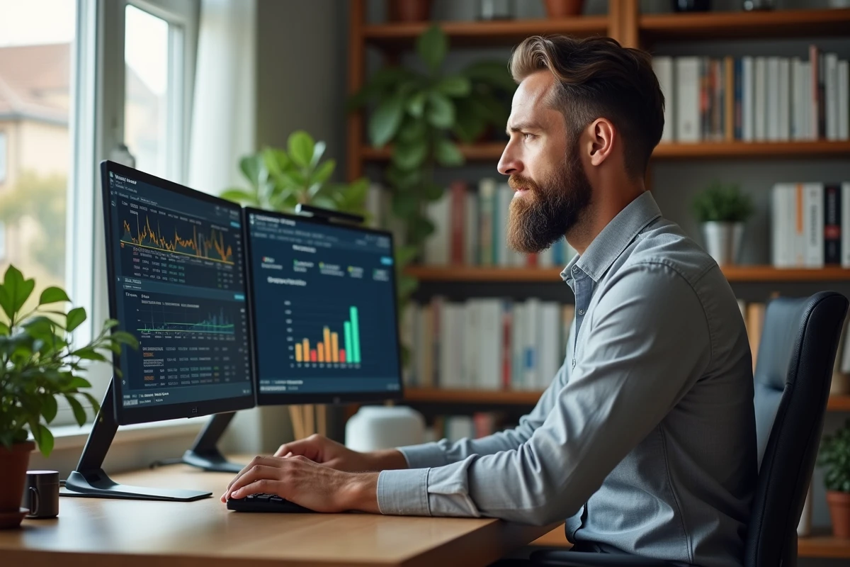 Consultant financier travaillant depuis son bureau à domicile sur l'externalisation d'un Credit Monitoring Arrangement avec double écran