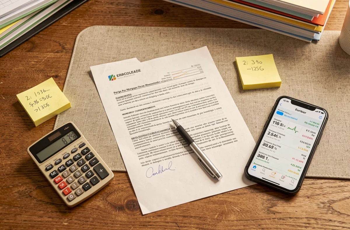 Vue aérienne d'un bureau avec un contrat de prêt immobilier, une calculatrice affichant un taux et un smartphone montrant les données de l'Euribor 3 mois pour une renégociation en 2026