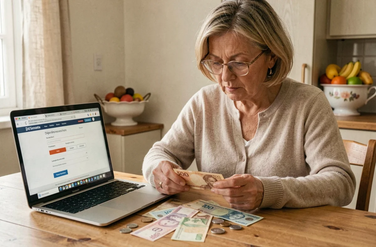 Femme examinant d'anciens billets de francs français posés sur une table en bois à côté d'un ordinateur affichant une conversion en euros