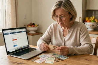 Femme examinant d'anciens billets de francs français posés sur une table en bois à côté d'un ordinateur affichant une conversion en euros