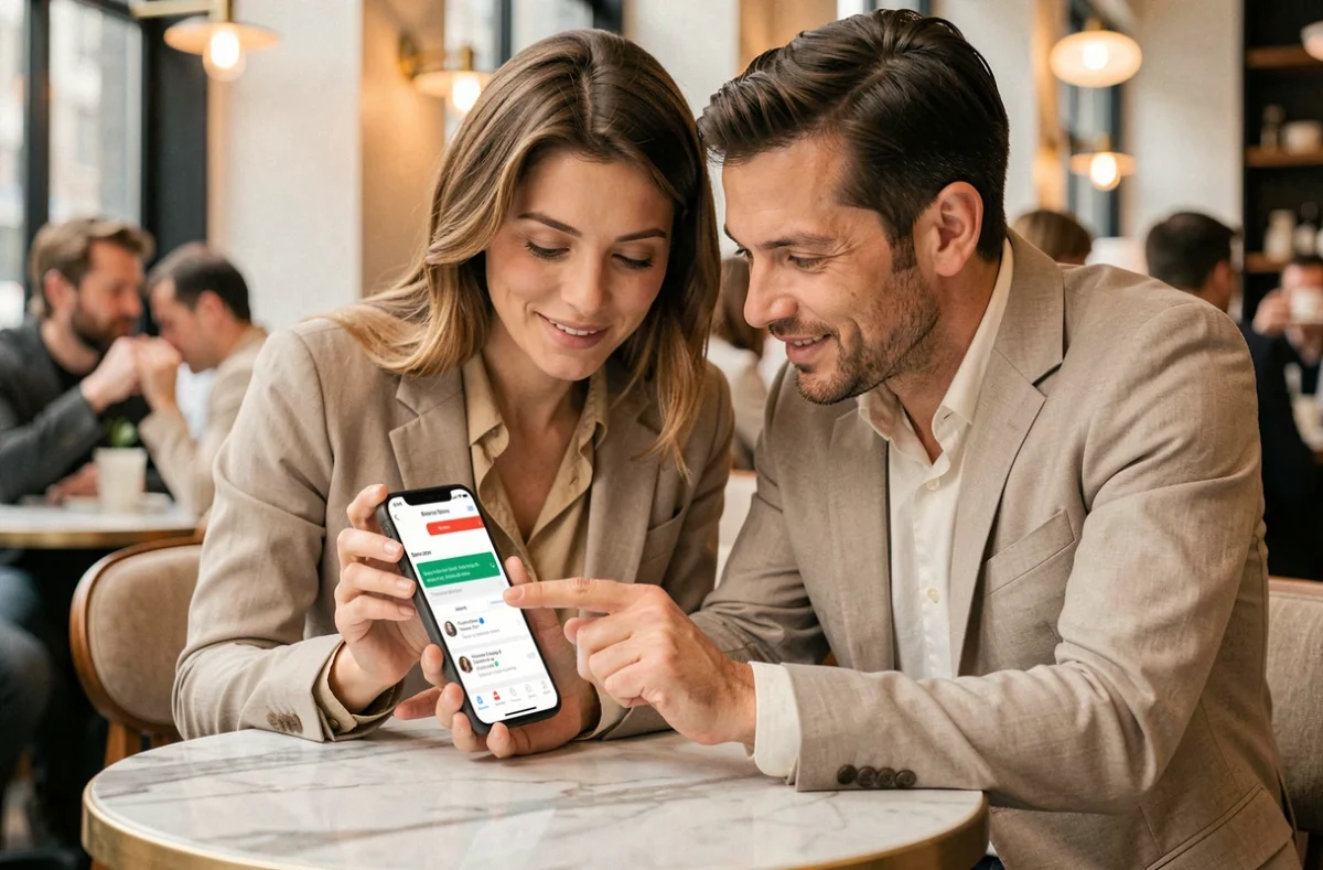 Couple consultant les paramètres d'alertes de BNP Banque Privée sur smartphone dans un café urbain