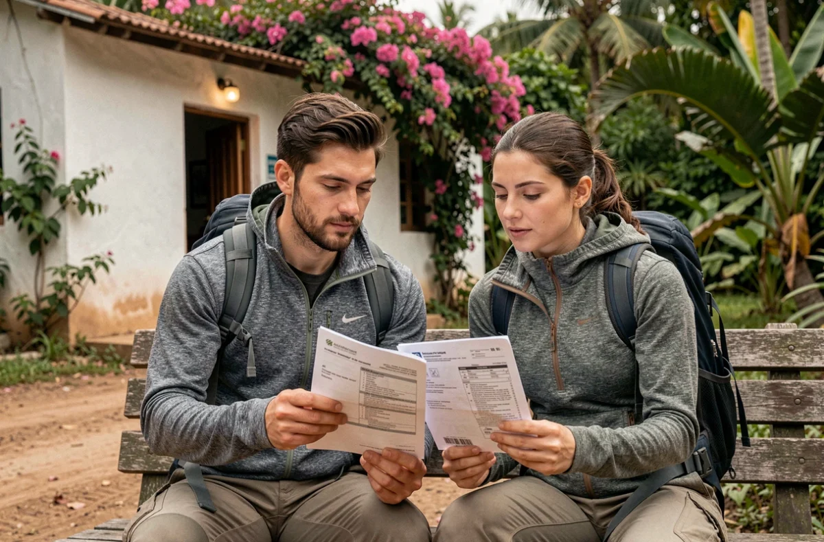 Couple de voyageurs consultant leur assurance santé internationale devant une clinique médicale à l'étranger
