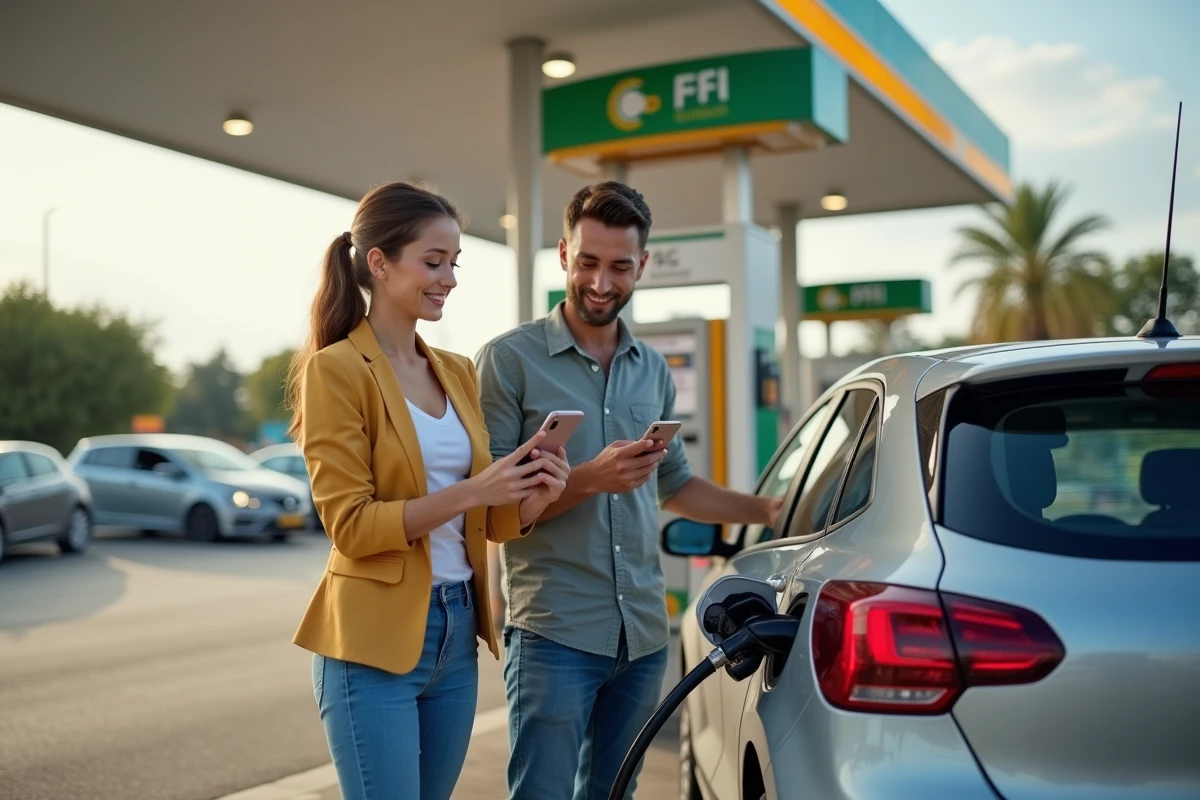 Couple utilisant un chèque vacances dématérialisé sur smartphone pour payer le carburant à la pompe