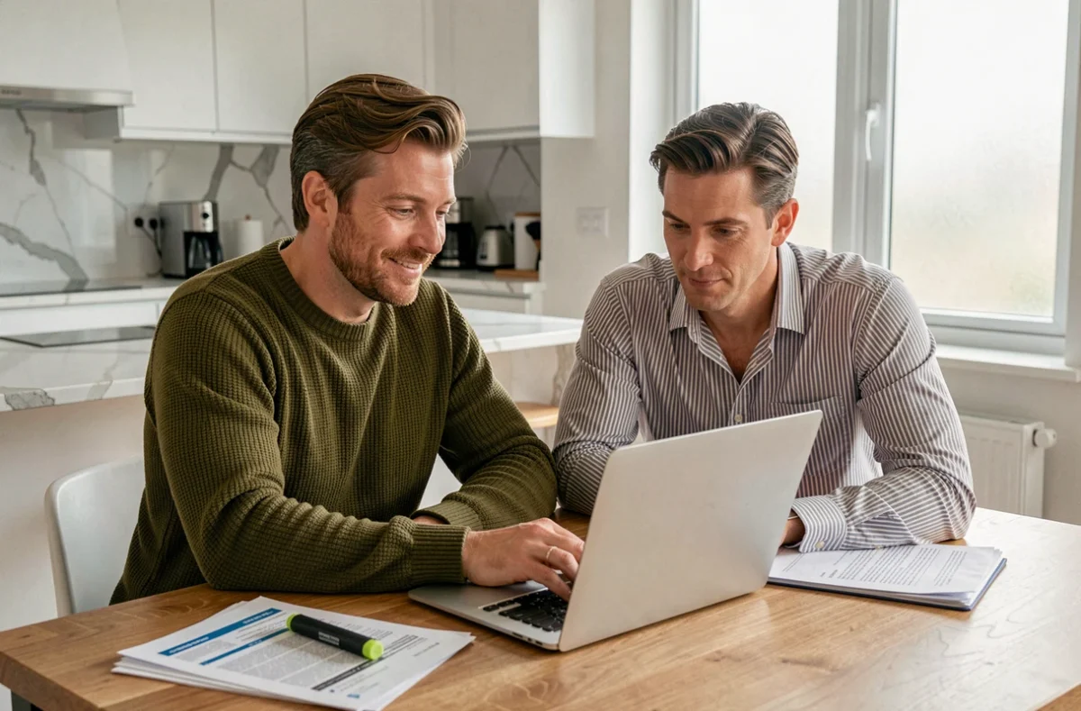 Couple étudiant les démarches de remboursement d'assurance emprunteur en ligne