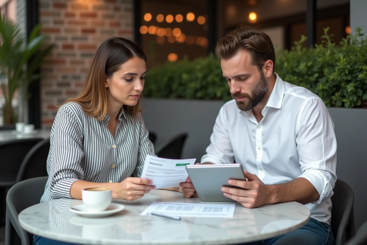 Couple examinant des documents bancaires éthiques dans un café urbain pour choisir une banque en ligne responsable