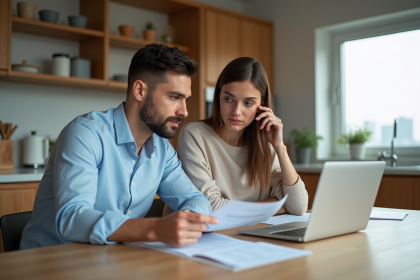 Couple en réunion financière dans une cuisine moderne