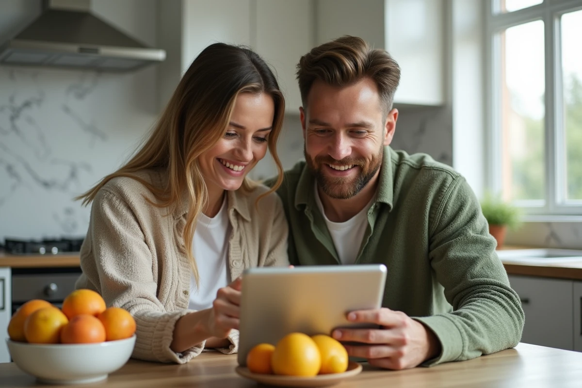Couple gérant leurs comptes bancaires partagés sur tablette dans une cuisine moderne via Cyberplus BPVF