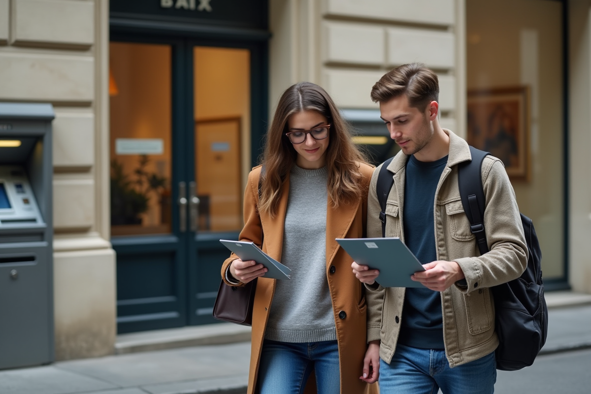 Jeune couple français devant une façade de banque haussmannienne