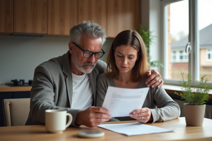 Couple d'adultes lisant des documents de prêt immobilier à la maison