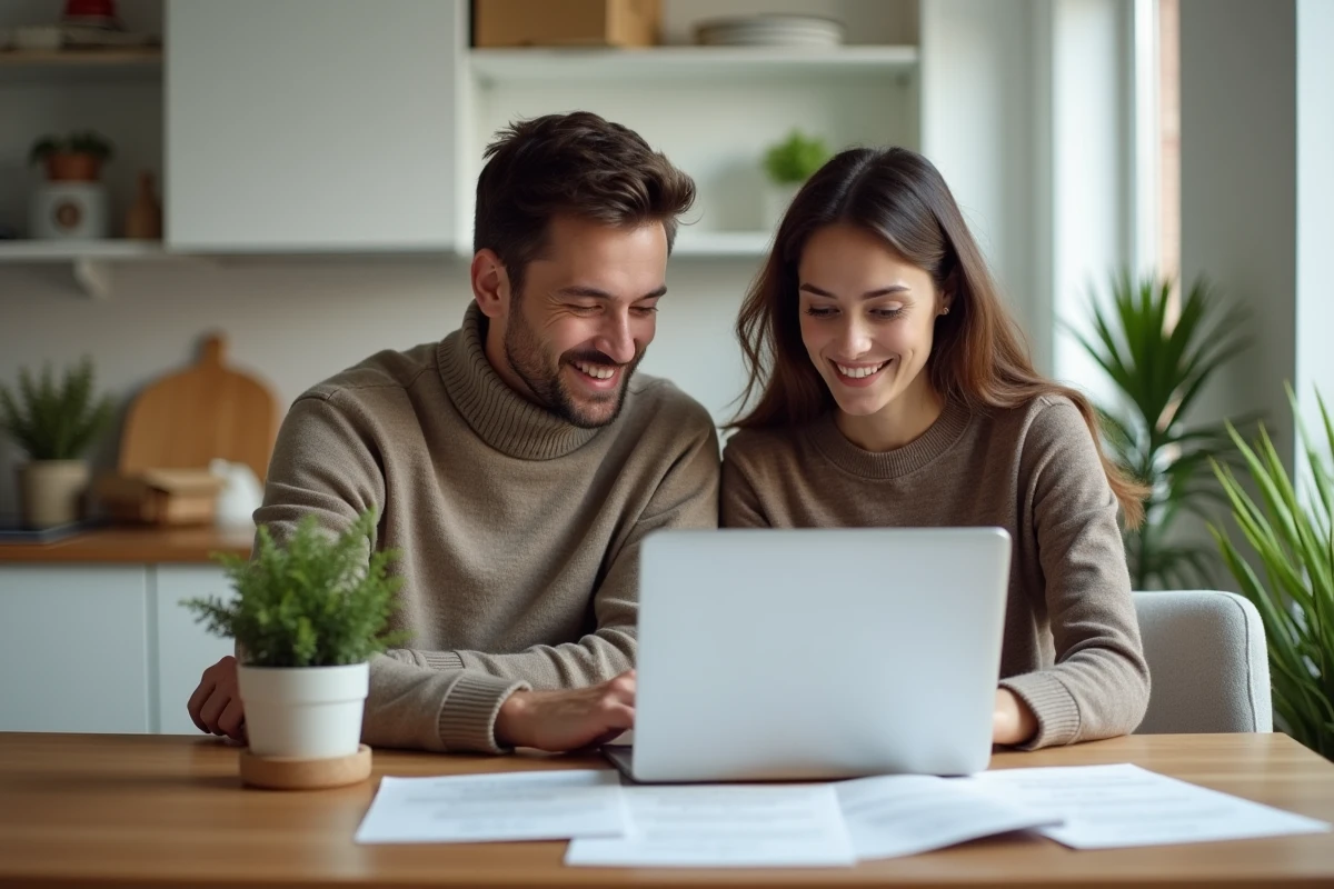 Couple de nouveaux arrivants consultant leur dossier Société Générale et leur banque en ligne depuis leur appartement