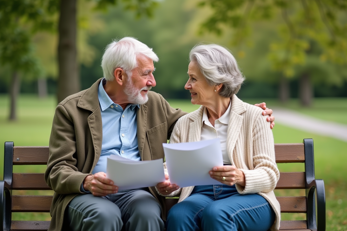 Couple âgé discutant de leur retraite dans un parc