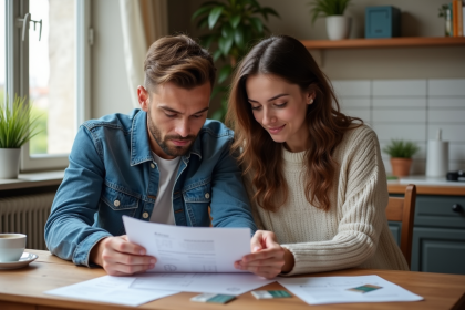 Jeune couple discutant de documents de mortgage dans un appartement parisien
