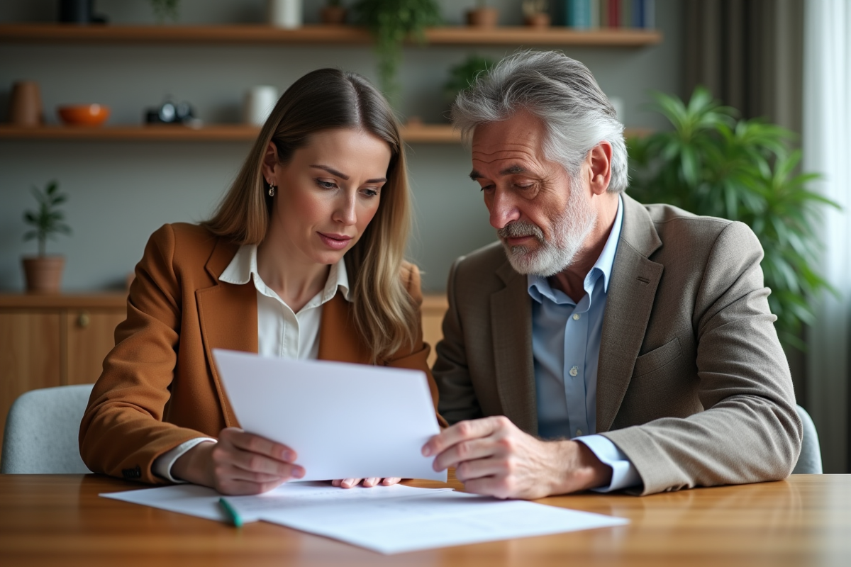 Couple d'adultes révisant des documents financiers dans un intérieur moderne