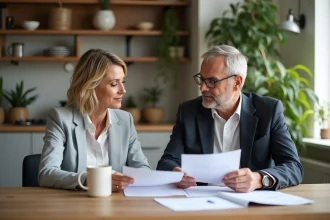 Couple d'adultes examine des documents d'assurance à la maison