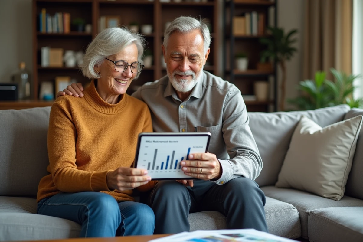 Couple de seniors planifiant ensemble leur retraite en bourse avec une tablette affichant des graphiques de fonds indiciels