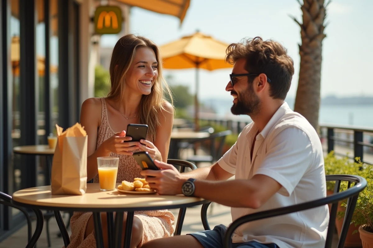 Couple en vacances consultant les offres Chèques Vacances McDonald's sur smartphone en terrasse