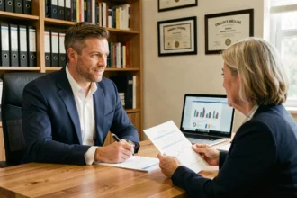 Courtier en assurance emprunteur conseillant une cliente avec des documents médicaux dans un bureau professionnel