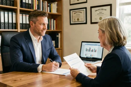 Courtier en assurance emprunteur conseillant une cliente avec des documents médicaux dans un bureau professionnel