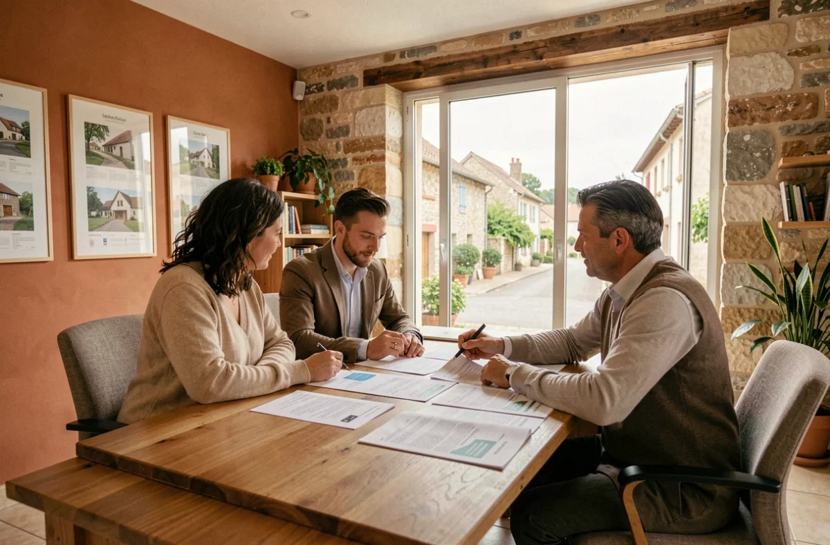 Un courtier en crédit immobilier conseille un couple dans une agence moderne en Dordogne, avec des documents de prêt sur le bureau