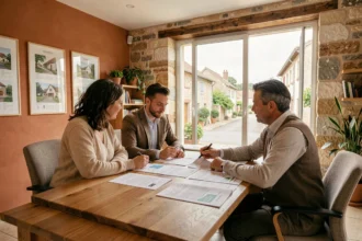 Un courtier en crédit immobilier conseille un couple dans une agence moderne en Dordogne, avec des documents de prêt sur le bureau