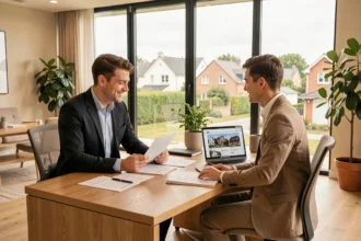 Un couple consulte un courtier en crédit immobilier dans un bureau moderne du Val-d'Oise
