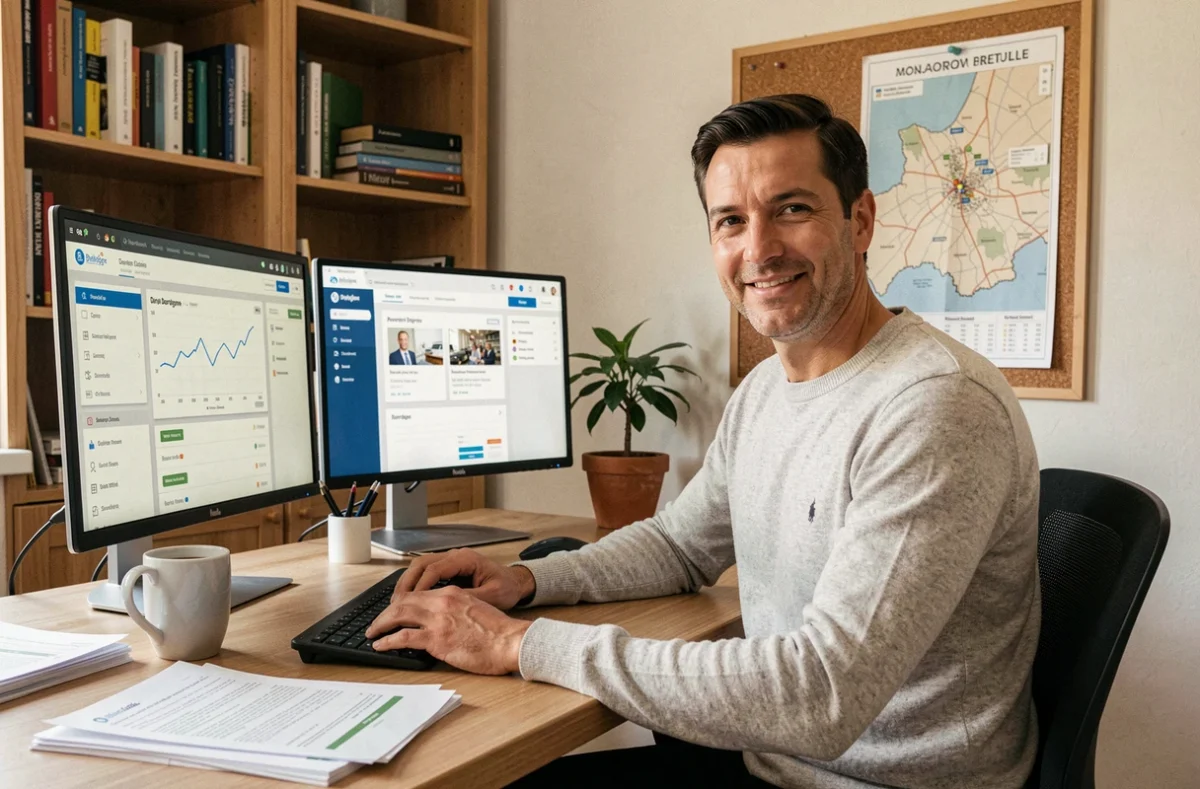 Un courtier de Cyber-Prêt travaille depuis un bureau à domicile avec des écrans affichant des simulations de prêts pour la Dordogne