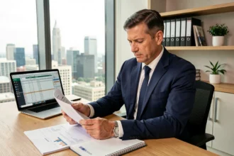 Homme d'affaires consultant un calendrier et des documents financiers liés aux dates de versement des dividendes de SCPI