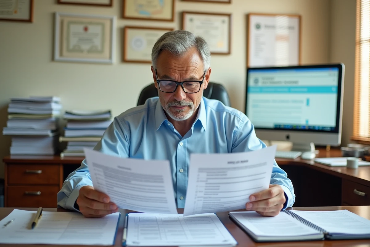 Un directeur d'école compare des documents administratifs sur les grilles de salaire des enseignants en 2026 dans son bureau