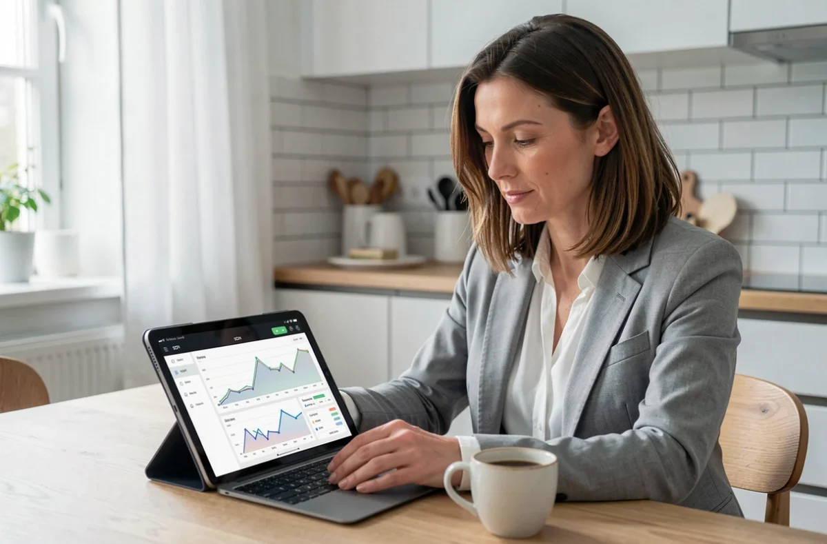 Femme consultant son portefeuille SCPI sur tablette à la maison pour suivre les dates de versement de dividendes