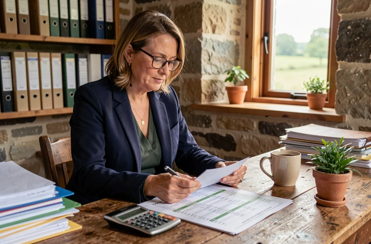 Femme agricultrice consultant des documents d'indices de prix du quintal de blé dans un bureau de ferme