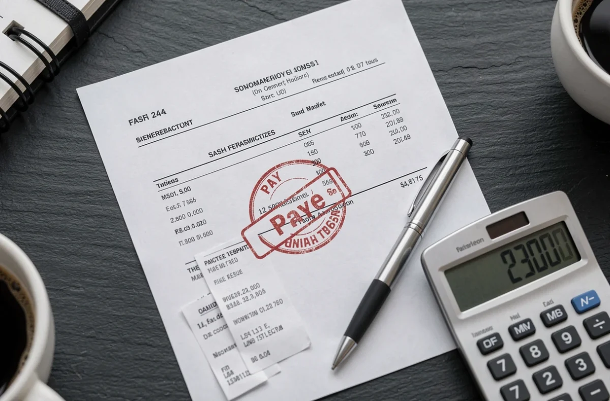 Documents comptables d'un paiement comptant avec facture acquittée, reçu bancaire et calculatrice