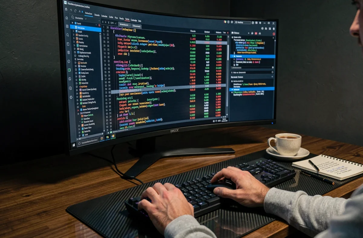 Écran ultrawide affichant du code de trading haute fréquence et métriques d'exécution pour une prop firm