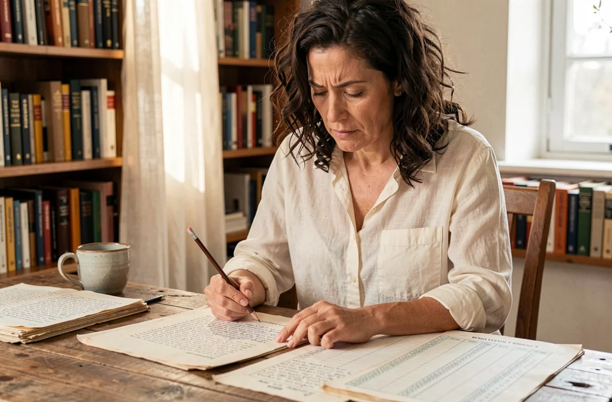 Une écrivaine analyse ses relevés de royalties à son bureau encombré de manuscrits et de notes manuscrites