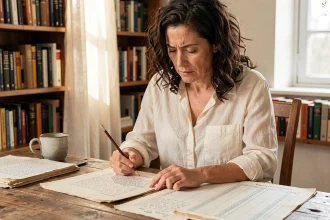 Une écrivaine analyse ses relevés de royalties à son bureau encombré de manuscrits et de notes manuscrites