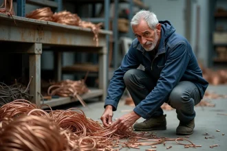 Électricien triant des câbles en cuivre dénudés dans un atelier de recyclage industriel