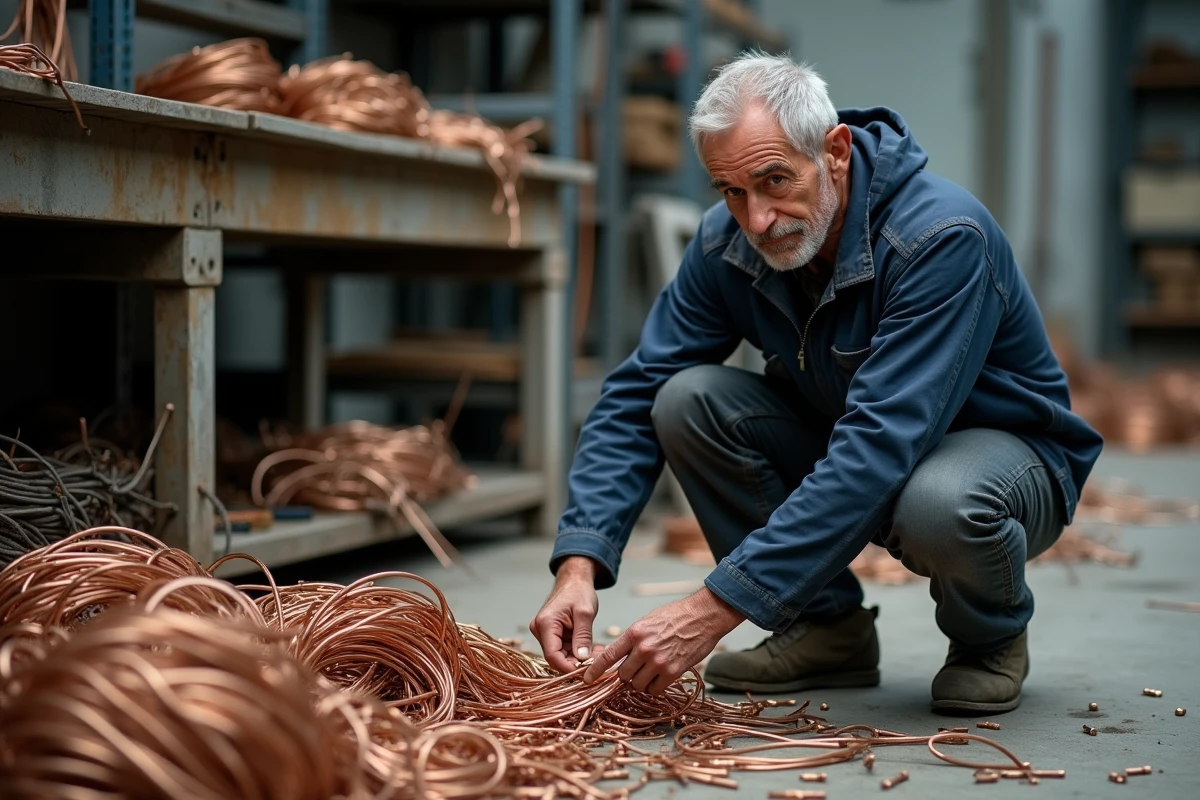Électricien triant des câbles en cuivre dénudés dans un atelier de recyclage industriel