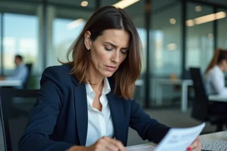 Employée en blazer marine examinant des documents relatifs à la prime carburant dans un bureau moderne