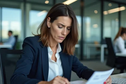 Employée en blazer marine examinant des documents relatifs à la prime carburant dans un bureau moderne