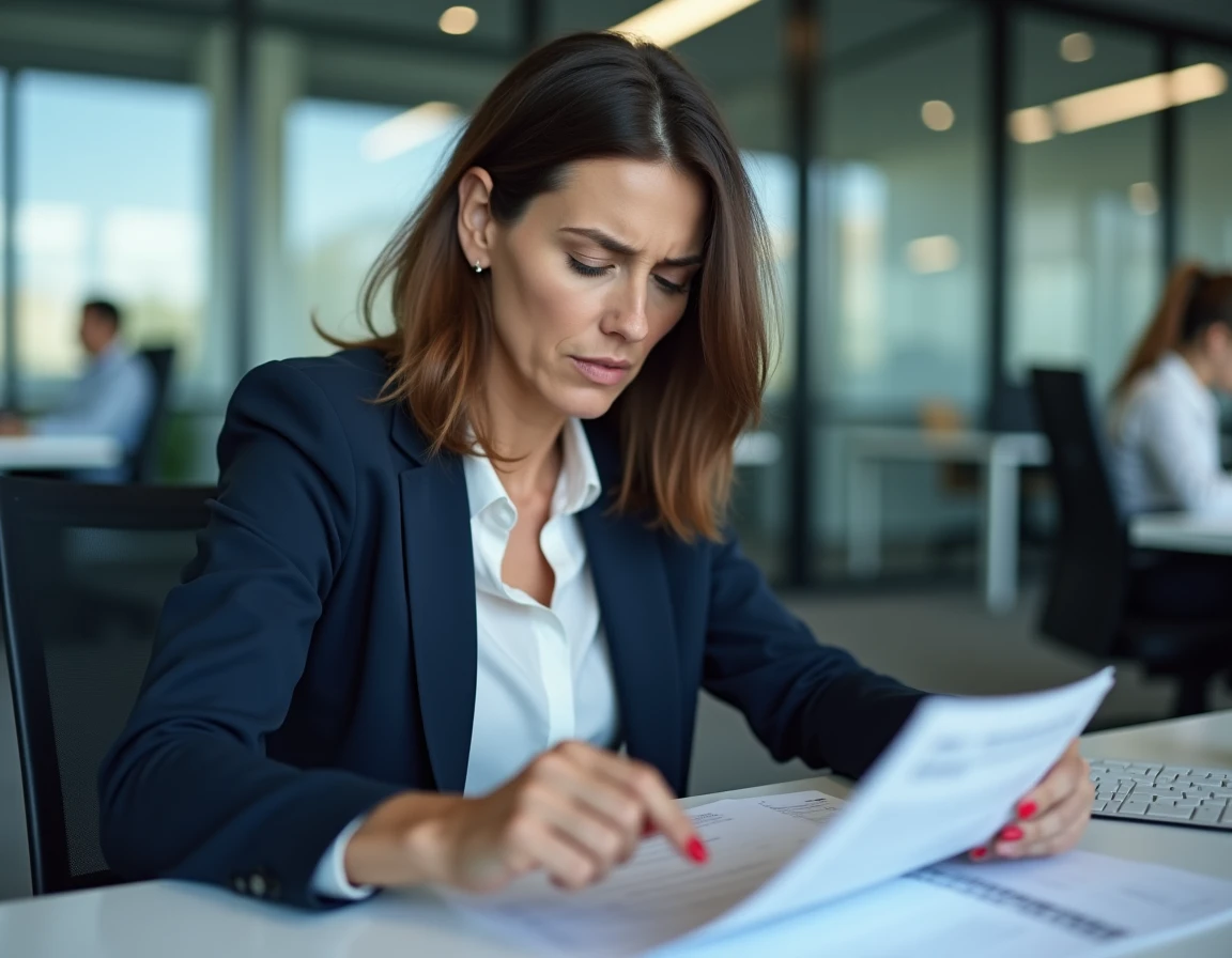 Employée en blazer marine examinant des documents relatifs à la prime carburant dans un bureau moderne