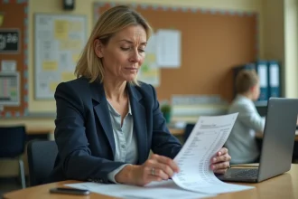 Une enseignante examine sa fiche de paie à son bureau en salle des professeurs, avec un calendrier 2026 en arrière-plan