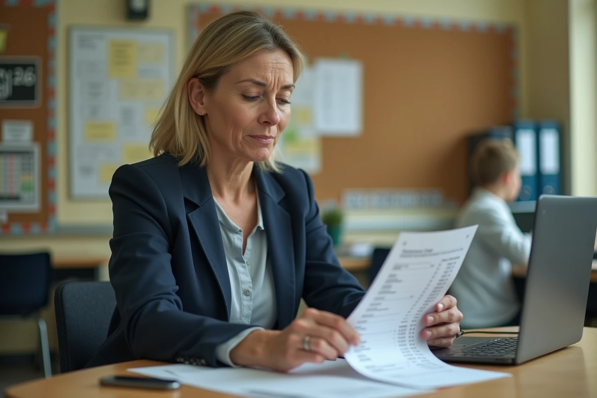 Une enseignante examine sa fiche de paie à son bureau en salle des professeurs, avec un calendrier 2026 en arrière-plan