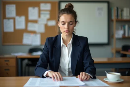 Enseignante stagiaire consultant ses documents administratifs de paiement de salaire dans la salle des professeurs