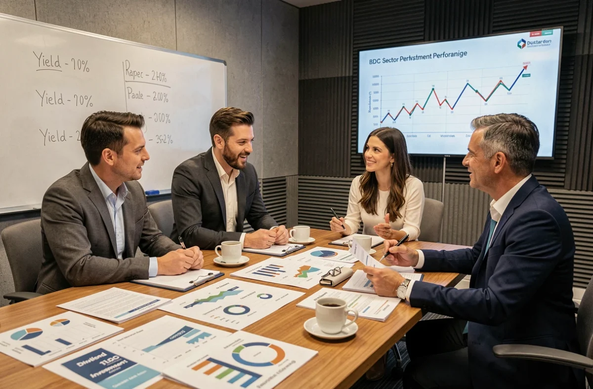 Équipe de professionnels de la finance discutant des performances de dividendes et des stratégies BDC en salle de réunion