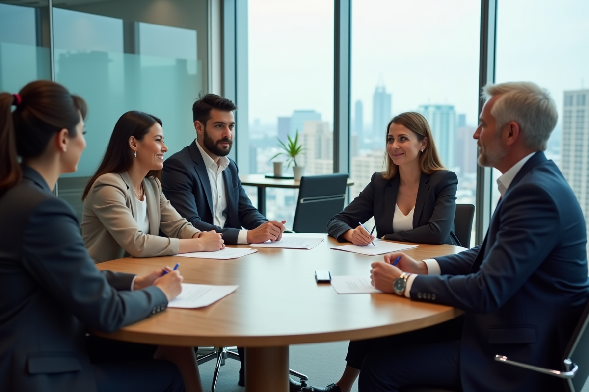 Groupe de collègues en discussion dans une salle de réunion