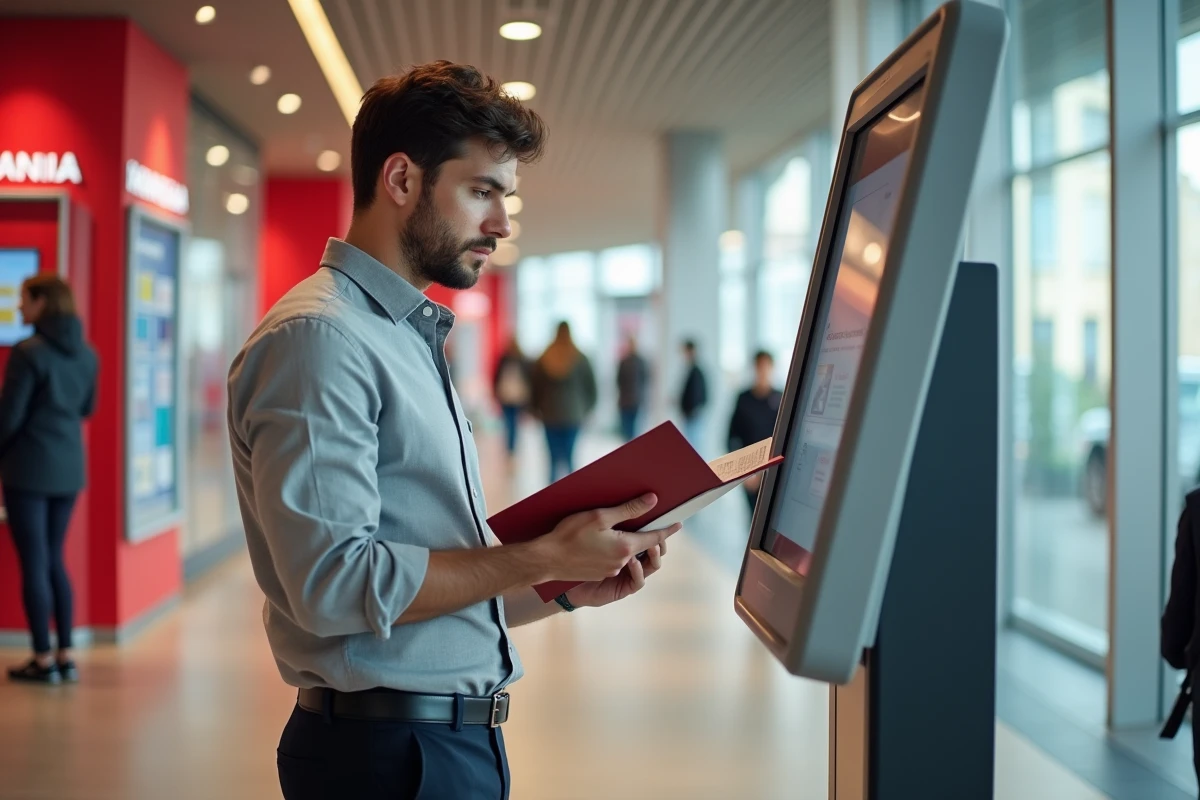 Jeune expatrié utilisant une borne interactive en agence Société Générale pour découvrir les services disponibles