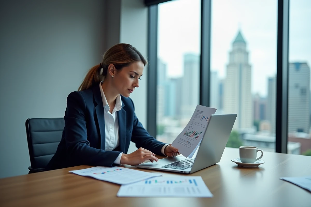 Professionnelle en blazer marine analysant des documents financiers pour un Credit Monitoring Arrangement dans un bureau d'entreprise moderne
